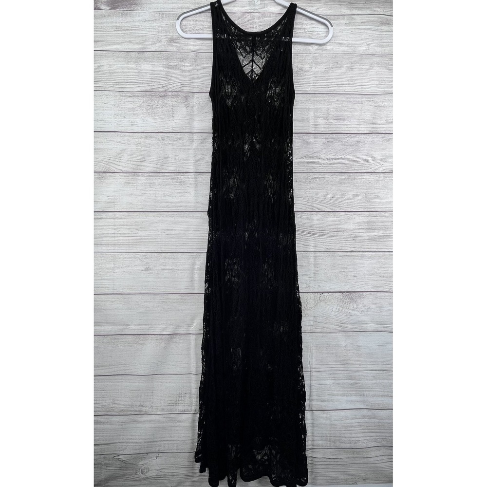 Eileen Fisher Black Crochet Knit Layer Midi Dress Sz XS Unlined Cover Up Pool Re - Picture 4 of 8